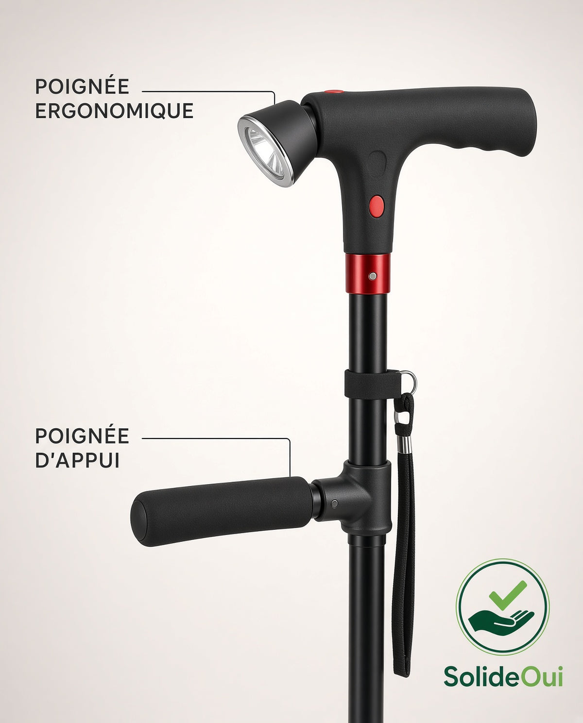 Canne Multifonction SolideOui – Lampe LED, Alarme et Poignée d'appui