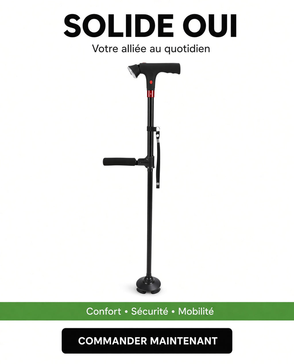 Canne Multifonction SolideOui – Lampe LED, Alarme et Poignée d'appui
