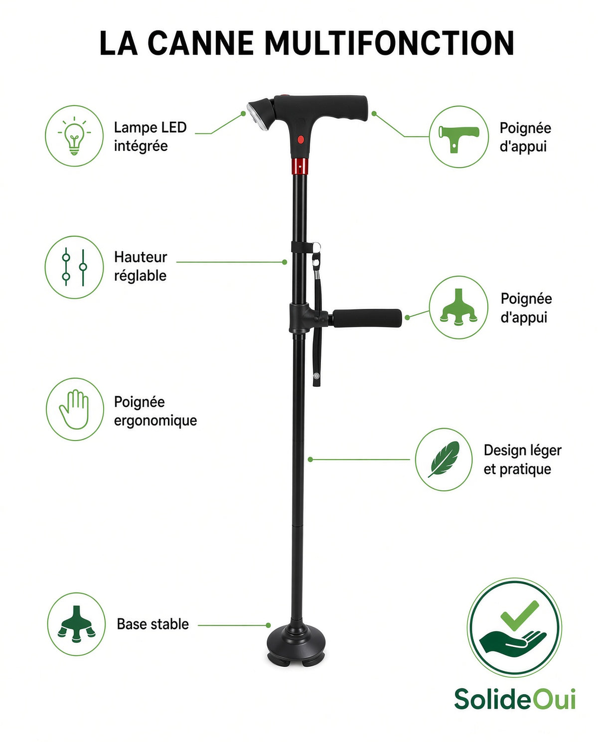 Canne Multifonction SolideOui – Lampe LED, Alarme et Poignée d'appui